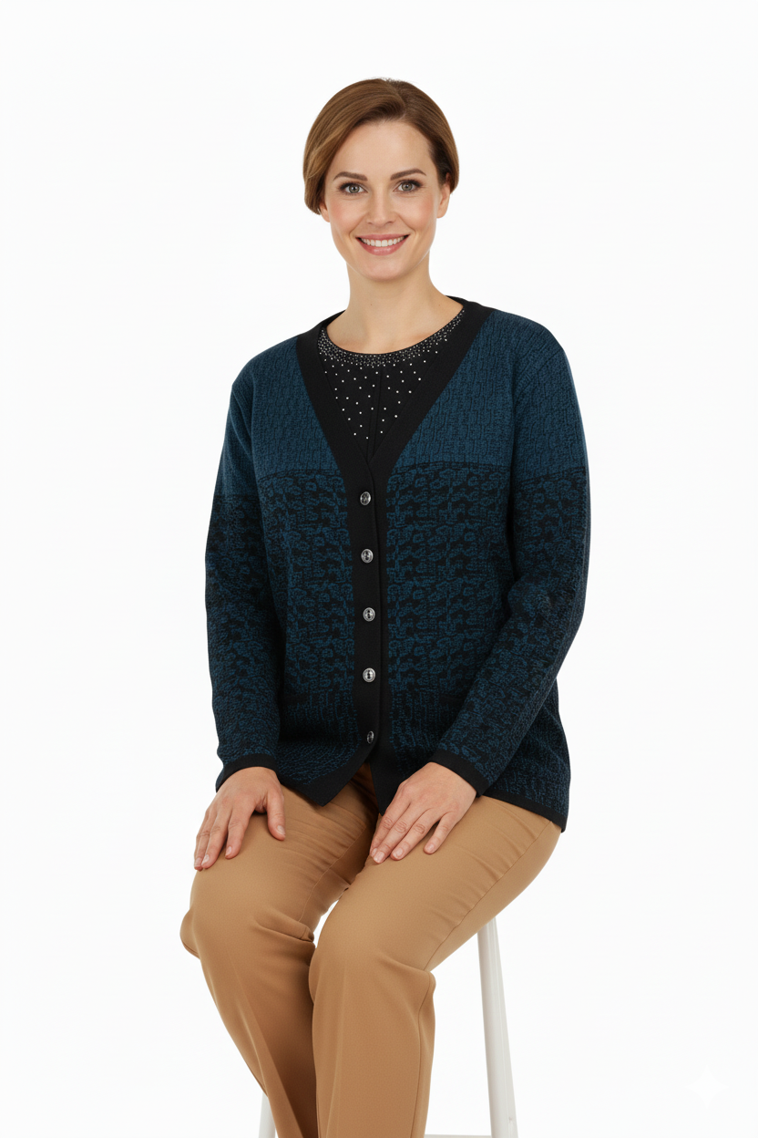 Kadın Kışlık Motifli Çift Cepli Önü Düğmeli Normal Kesim Yünlü Dokuma Kumaş Anne Hırka