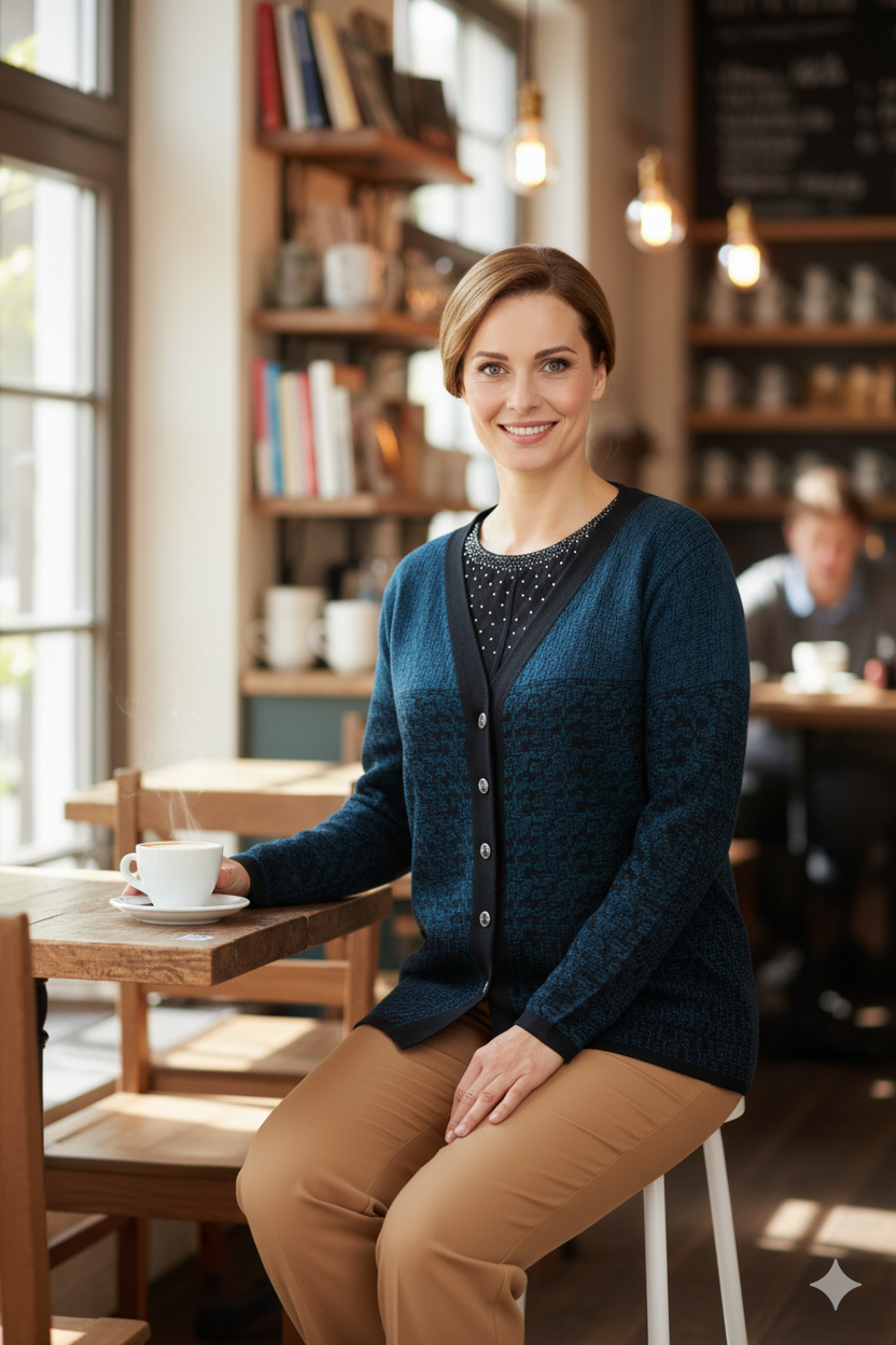 Kadın Kışlık Motifli Çift Cepli Önü Düğmeli Normal Kesim Yünlü Dokuma Kumaş Anne Hırka