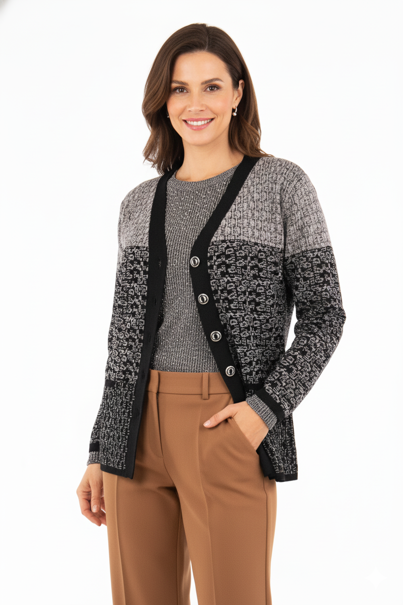 Kadın Vizon Kışlık Motifli Cepli Önü Düğmeli Normal Kesim Likralı Yünlü Kumaş Anne Hırka