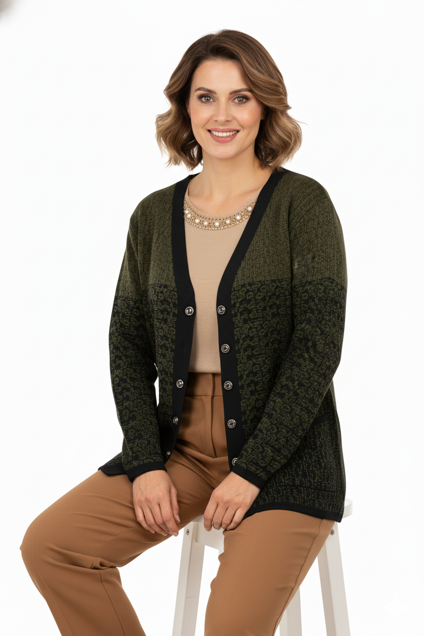 Kadın Kışlık Motifli Çift Cepli Önü Düğmeli Normal Kesim Yünlü Dokuma Kumaş Anne Hırka