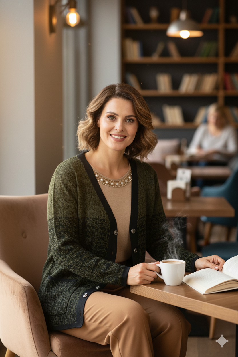 Kadın Kışlık Motifli Çift Cepli Önü Düğmeli Normal Kesim Yünlü Dokuma Kumaş Anne Hırka