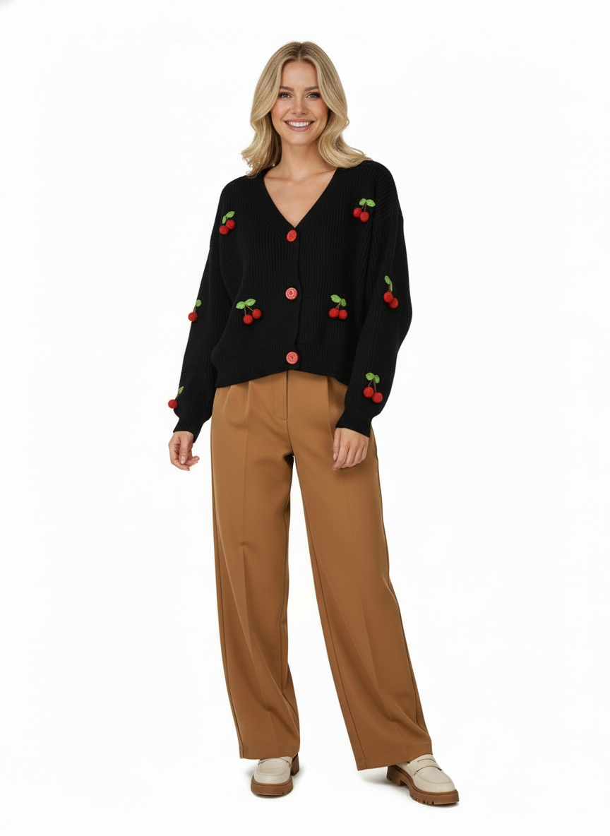 Oppland Kadın Kışlık Crop Triko Hırka 3D Kirazlı Modelli Esnek Önü Düğmeli Şirin Tarz