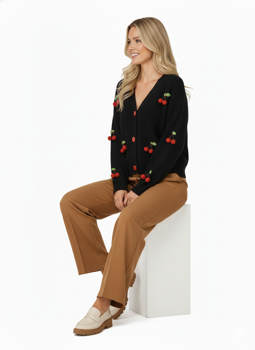 Oppland Kadın Kışlık Crop Triko Hırka 3D Kirazlı Modelli Esnek Önü Düğmeli Şirin Tarz