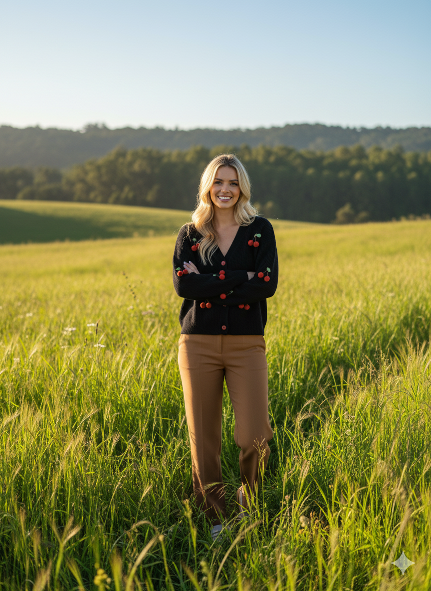 Oppland Kadın Kışlık Crop Triko Hırka 3D Kirazlı Modelli Esnek Önü Düğmeli Şirin Tarz