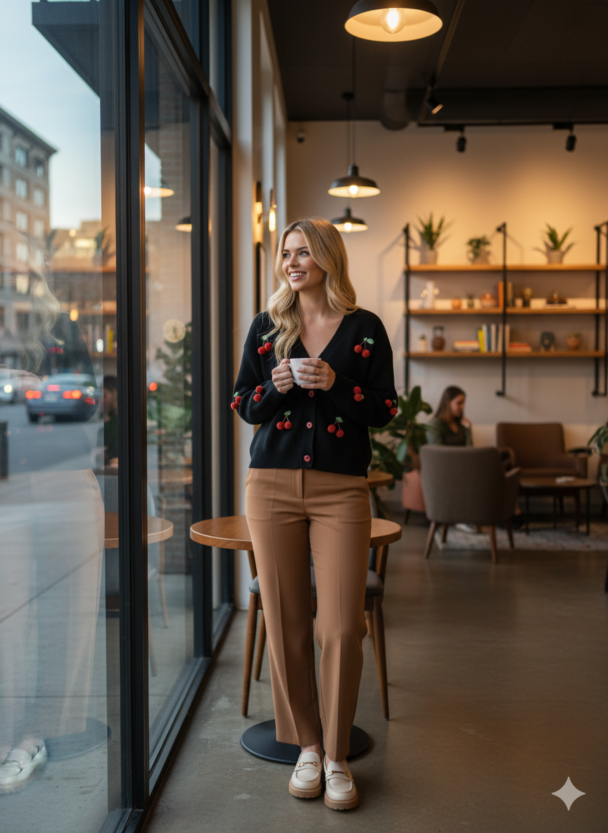 Oppland Kadın Kışlık Crop Triko Hırka 3D Kirazlı Modelli Esnek Önü Düğmeli Şirin Tarz