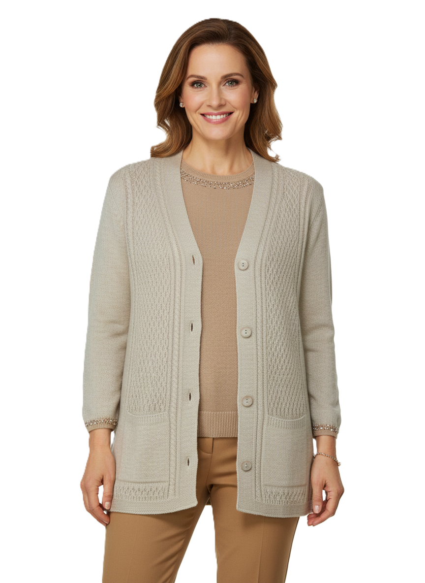 Oppland Kadın Kışlık Triko Hırka Çift Cepli Esnek Önü Düğmeli Klasik Örgü Doku Motifli