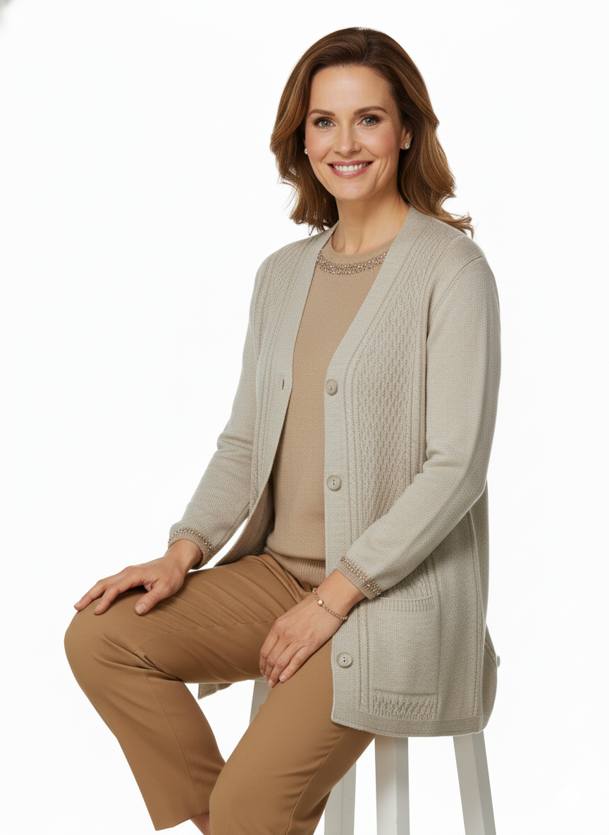 Oppland Kadın Kışlık Triko Hırka Çift Cepli Esnek Önü Düğmeli Klasik Örgü Doku Motifli