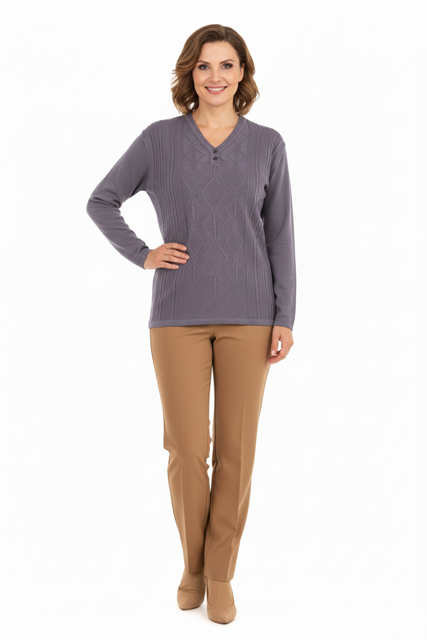 Kadın Kışlık Yünlü Örme Triko Anne Kazak iki Düğmeli V Yakalı Likralı Rahat Kesim Tam Kalıp