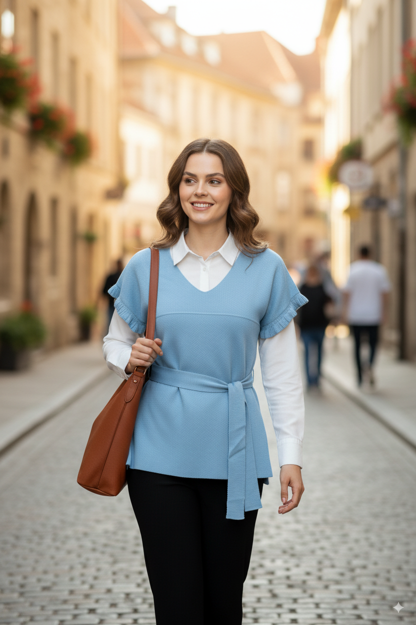 Kadın Kışlık V Yakalı Beli Kuşaklı Yarım Kol Likralı Dokuma Triko Gömlek Üstü Süveter