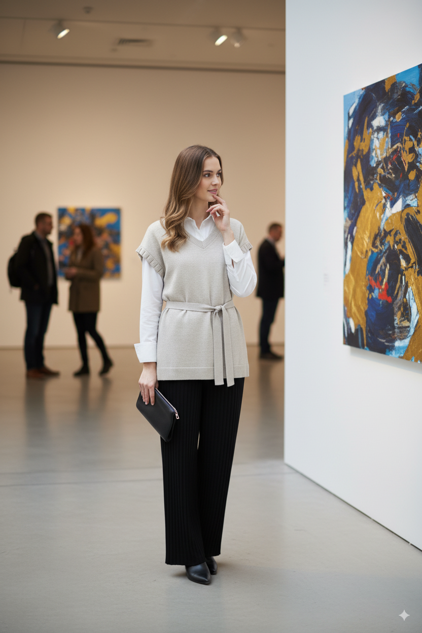 Kadın Kışlık V Yakalı Beli Kuşaklı Yarım Kol Likralı Dokuma Triko Gömlek Üstü Süveter