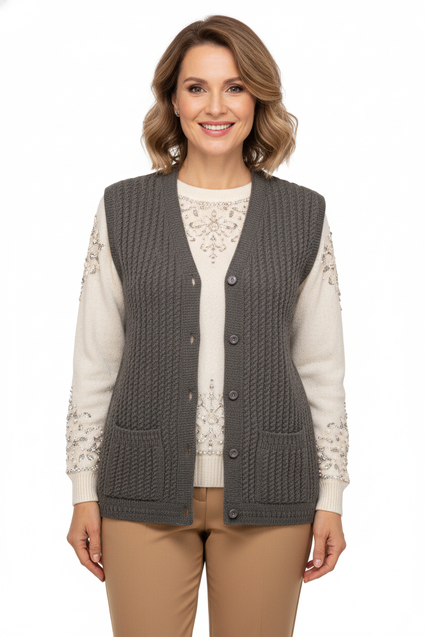 Kadın Kışlık Pamuklu Triko Klasik Örme Anne Yelek Saç Örgü Model Önden Düğmeli Çift Cepli