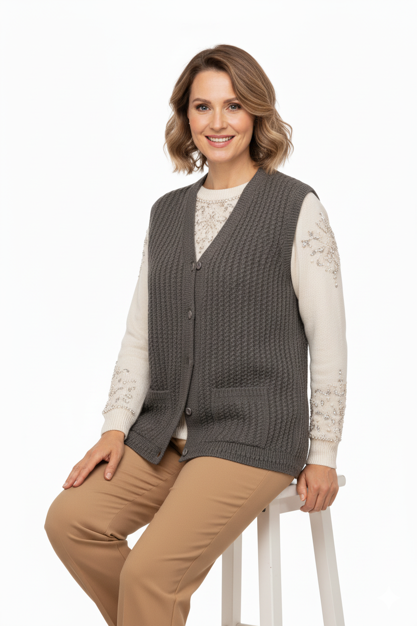 Kadın Kışlık Pamuklu Triko Klasik Örme Anne Yelek Saç Örgü Model Önden Düğmeli Çift Cepli