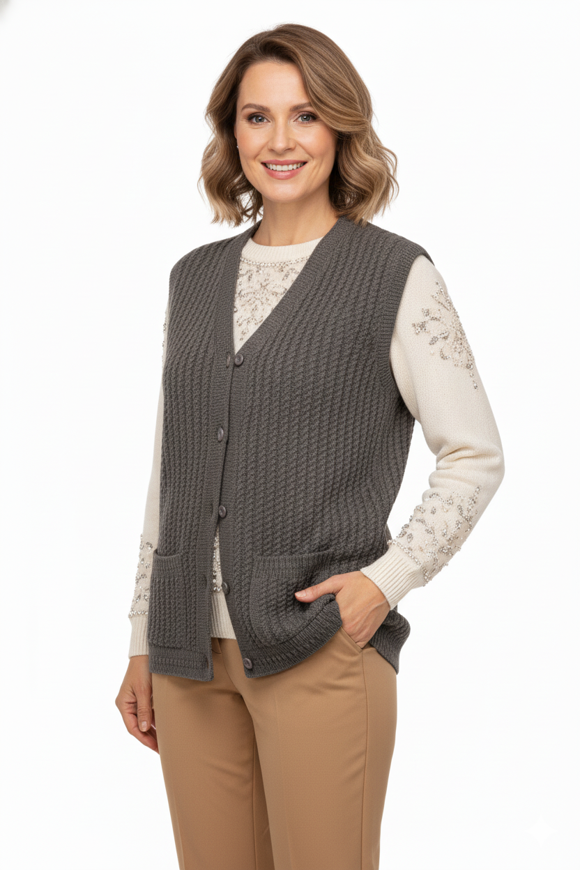 Kadın Kışlık Pamuklu Triko Klasik Örme Anne Yelek Saç Örgü Model Önden Düğmeli Çift Cepli