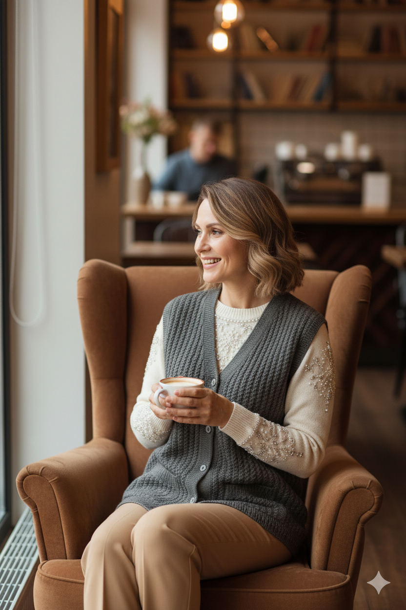 Kadın Kışlık Pamuklu Triko Klasik Örme Anne Yelek Saç Örgü Model Önden Düğmeli Çift Cepli