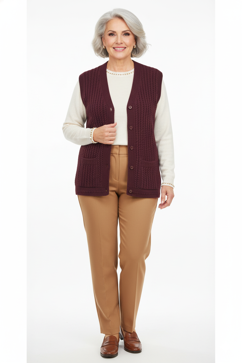 Kadın Kışlık Pamuklu Triko Klasik Örme Anne Yelek Saç Örgü Model Önden Düğmeli Çift Cepli