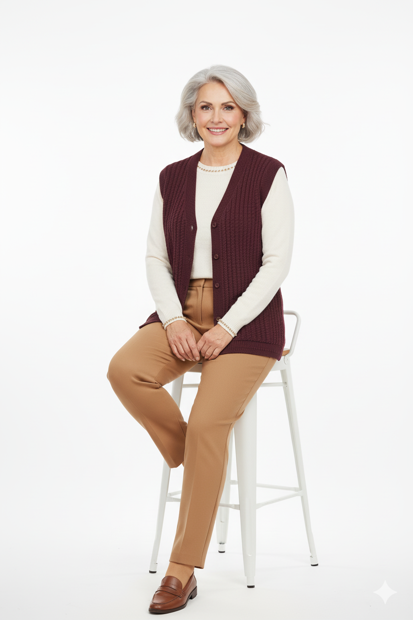 Kadın Kışlık Pamuklu Triko Klasik Örme Anne Yelek Saç Örgü Model Önden Düğmeli Çift Cepli