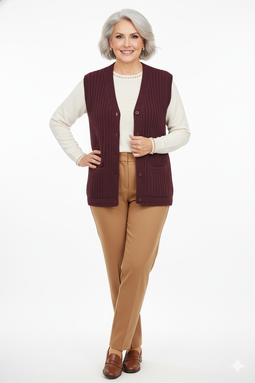 Kadın Kışlık Pamuklu Triko Klasik Örme Anne Yelek Saç Örgü Model Önden Düğmeli Çift Cepli