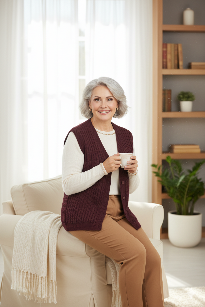 Kadın Kışlık Pamuklu Triko Klasik Örme Anne Yelek Saç Örgü Model Önden Düğmeli Çift Cepli