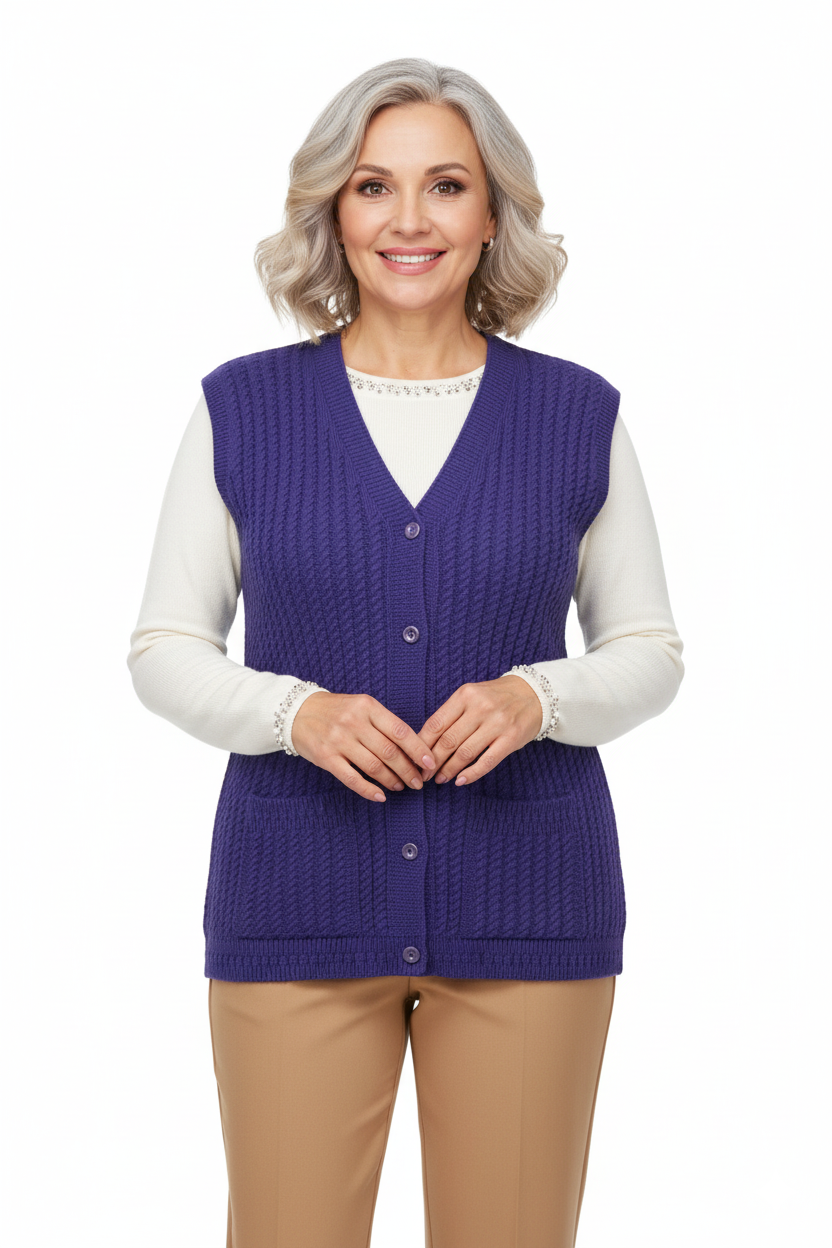 Kadın Kışlık Pamuklu Triko Klasik Örme Anne Yelek Saç Örgü Model Önden Düğmeli Çift Cepli