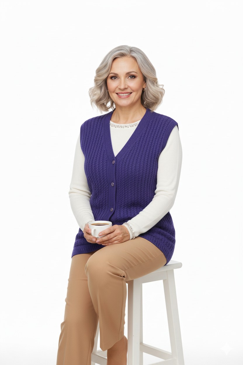 Kadın Kışlık Pamuklu Triko Klasik Örme Anne Yelek Saç Örgü Model Önden Düğmeli Çift Cepli