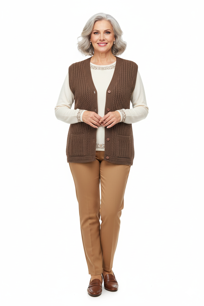 Kadın Kışlık Pamuklu Triko Klasik Örme Anne Yelek Saç Örgü Model Önden Düğmeli Çift Cepli