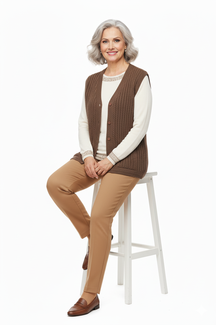 Kadın Kışlık Pamuklu Triko Klasik Örme Anne Yelek Saç Örgü Model Önden Düğmeli Çift Cepli