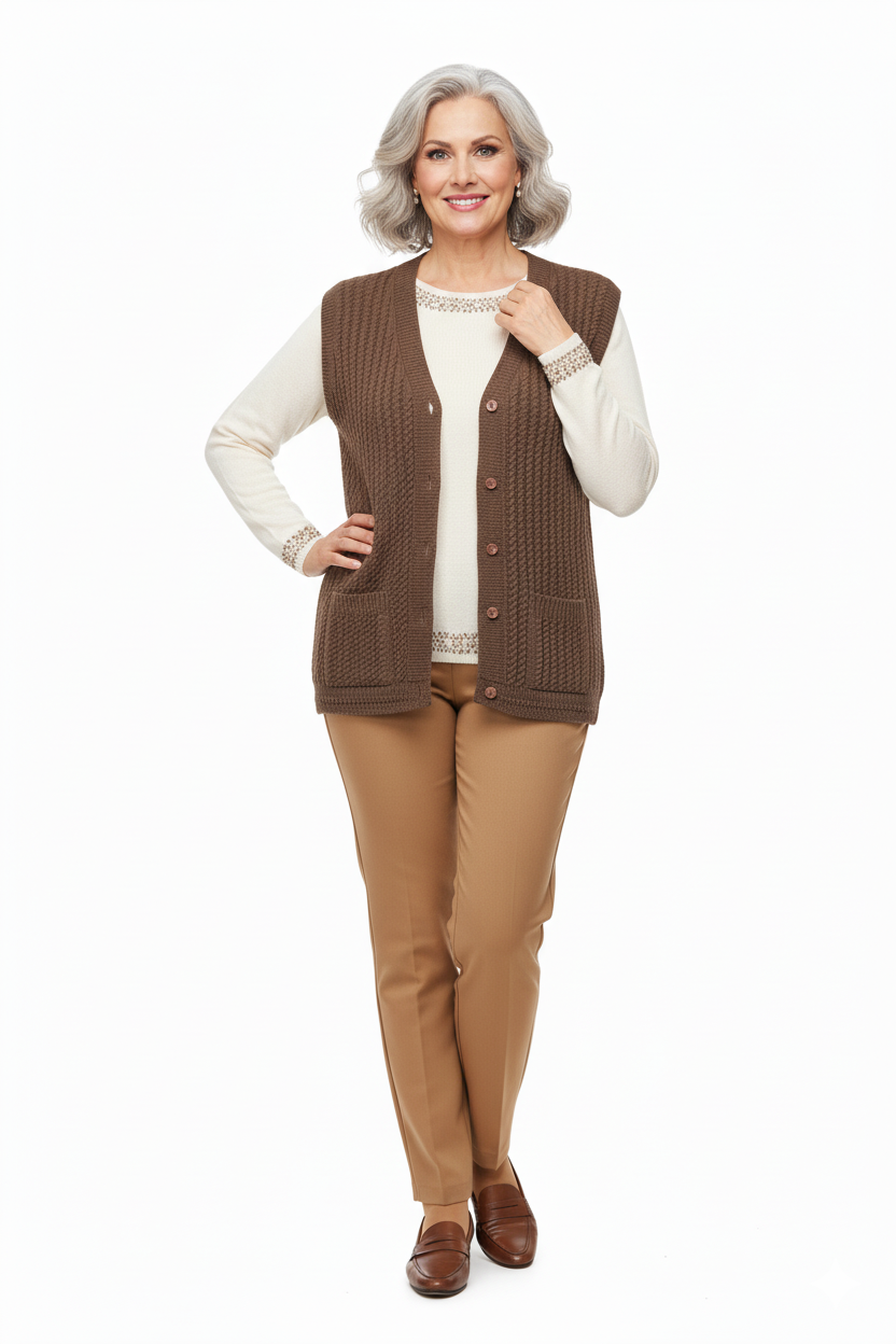 Kadın Kışlık Pamuklu Triko Klasik Örme Anne Yelek Saç Örgü Model Önden Düğmeli Çift Cepli