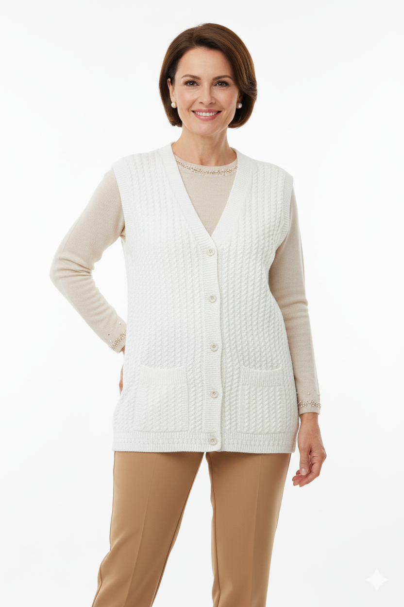 Kadın Kışlık Pamuklu Triko Klasik Örme Anne Yelek Saç Örgü Model Önden Düğmeli Çift Cepli