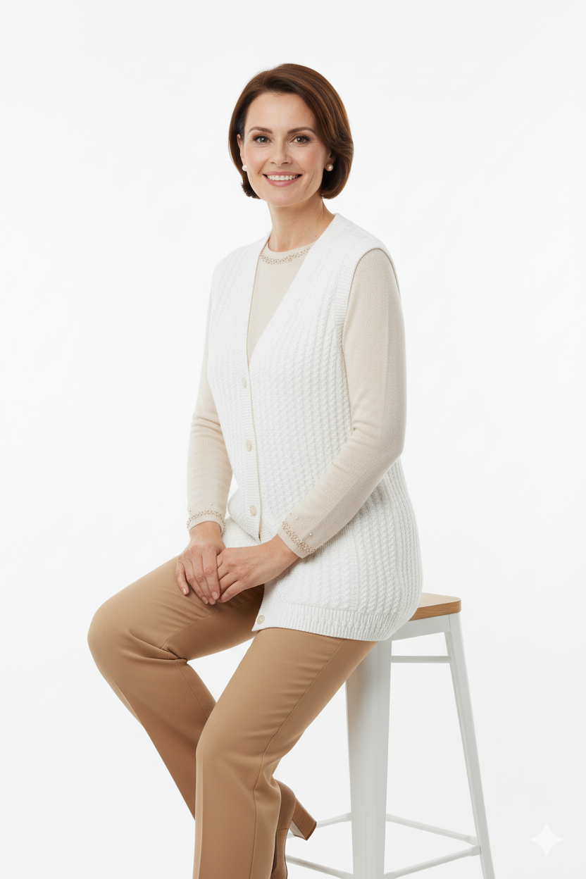 Kadın Kışlık Pamuklu Triko Klasik Örme Anne Yelek Saç Örgü Model Önden Düğmeli Çift Cepli