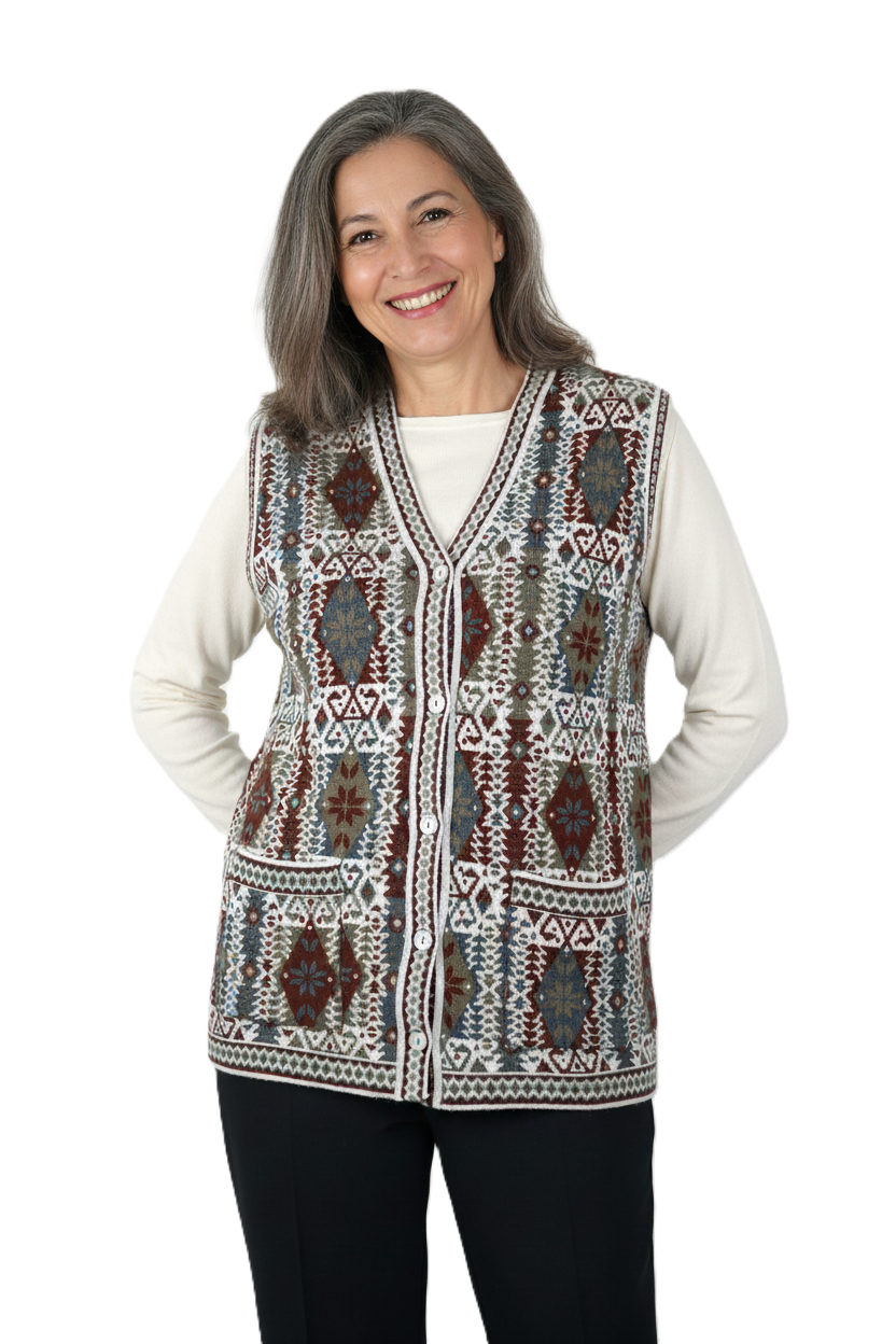 Oppland Kadın Kışlık Anne Yelek Pamuklu Triko Örme Etnik Desenli Cepli Düğmeli Yumuşak Dokulu Rahat Tam Kalıp
