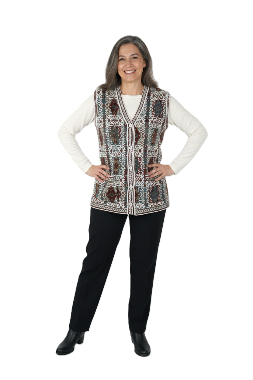 Oppland Kadın Kışlık Anne Yelek Pamuklu Triko Örme Etnik Desenli Cepli Düğmeli Yumuşak Dokulu Rahat Tam Kalıp