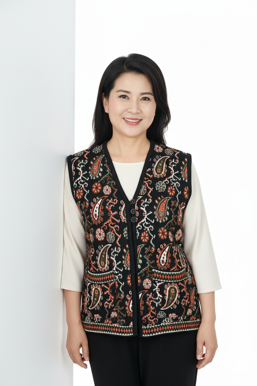 Oppland Kadın Kışlık Anne Yelek Pamuklu Triko Örme Anadolu Desenli Cepli Düğmeli Yumuşak Dokulu Rahat Tam Kalıp