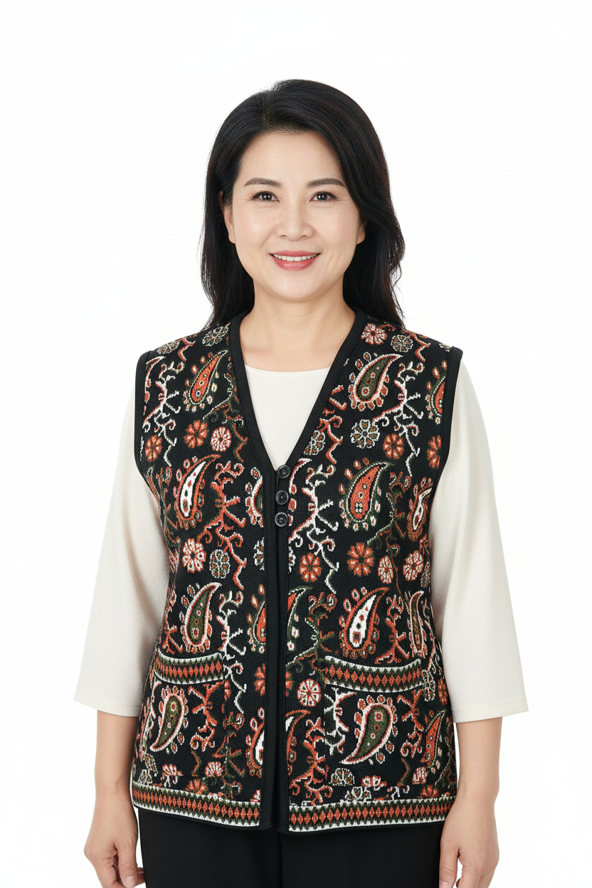 Oppland Kadın Kışlık Anne Yelek Pamuklu Triko Örme Anadolu Desenli Cepli Düğmeli Yumuşak Dokulu Rahat Tam Kalıp
