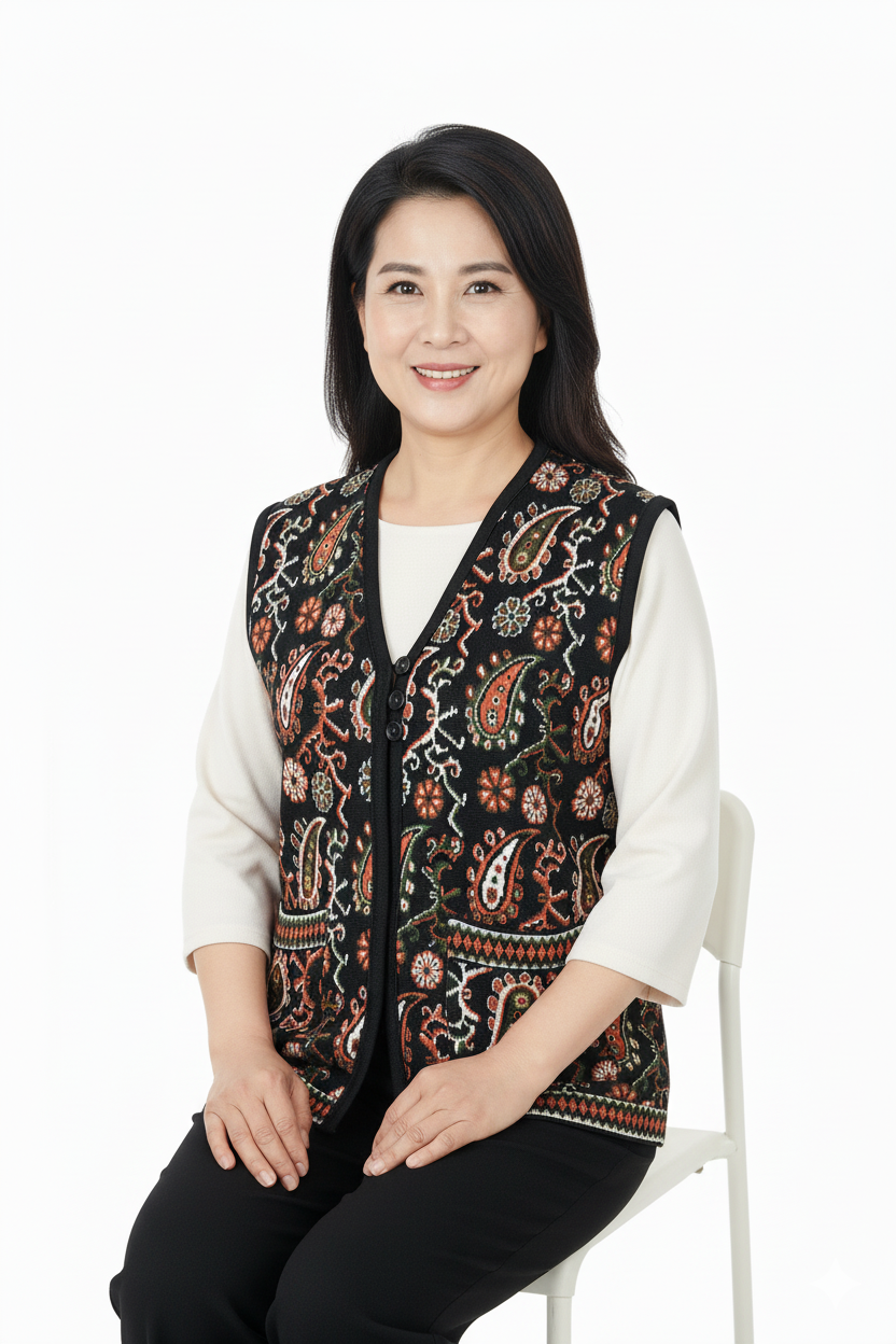 Oppland Kadın Kışlık Anne Yelek Pamuklu Triko Örme Anadolu Desenli Cepli Düğmeli Yumuşak Dokulu Rahat Tam Kalıp