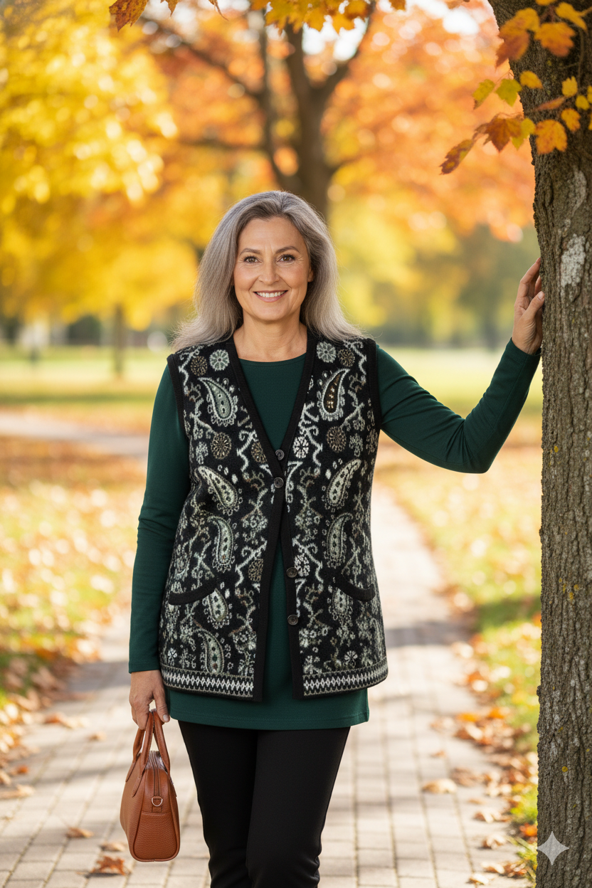 Oppland Kadın Kışlık Anne Yelek Pamuklu Triko Örme Anadolu Desenli Cepli Düğmeli Yumuşak Dokulu Rahat Tam Kalıp