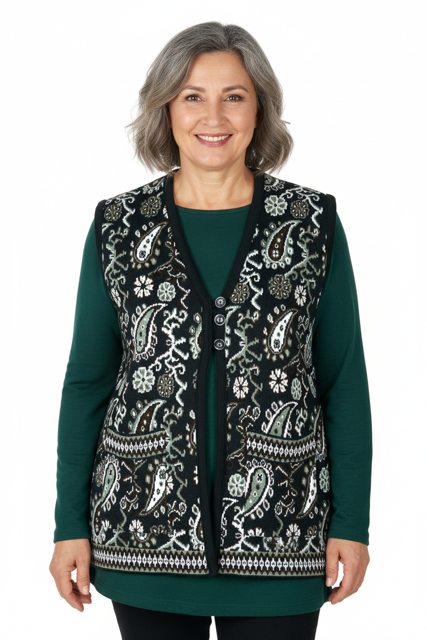 Oppland Kadın Kışlık Anne Yelek Pamuklu Triko Örme Anadolu Desenli Cepli Düğmeli Yumuşak Dokulu Rahat Tam Kalıp