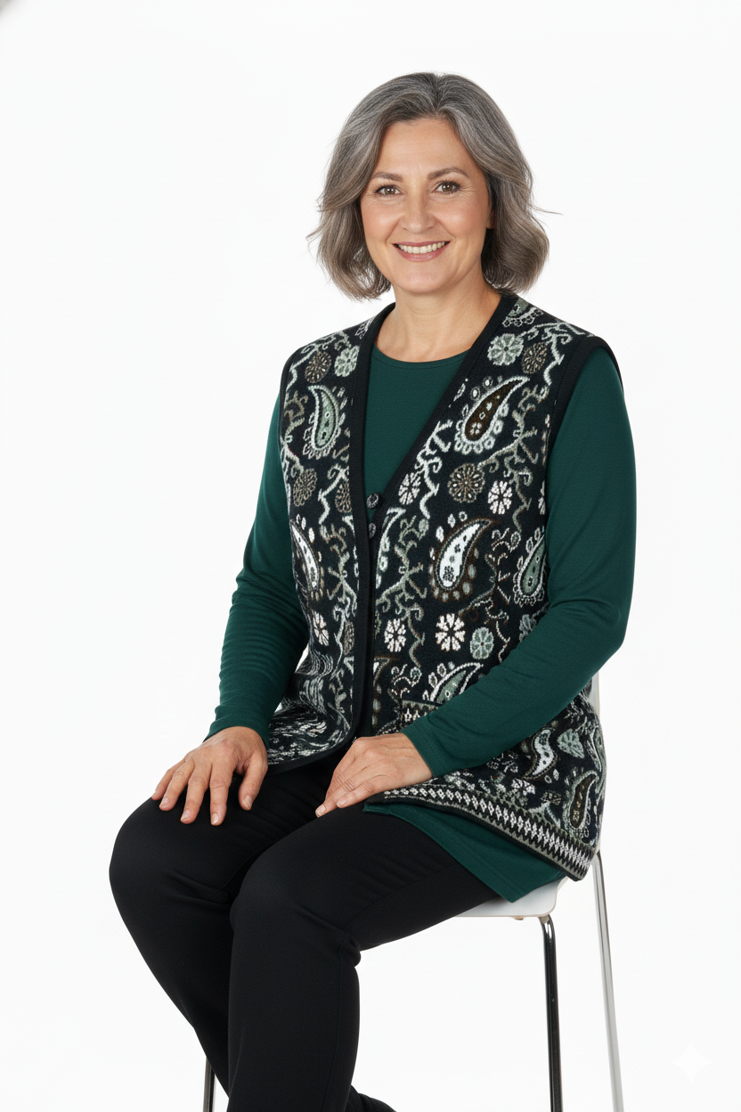 Oppland Kadın Kışlık Anne Yelek Pamuklu Triko Örme Anadolu Desenli Cepli Düğmeli Yumuşak Dokulu Rahat Tam Kalıp