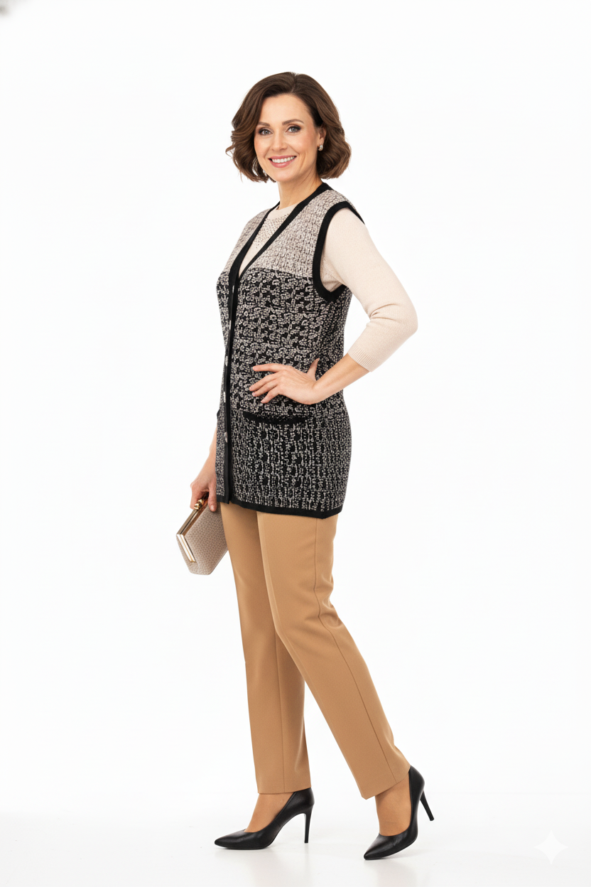 Kadın Bej Kışlık Motifli Düğmeli Çift Cepli Normal Kesim Likralı Yünlü Kumaş Anne Yelek