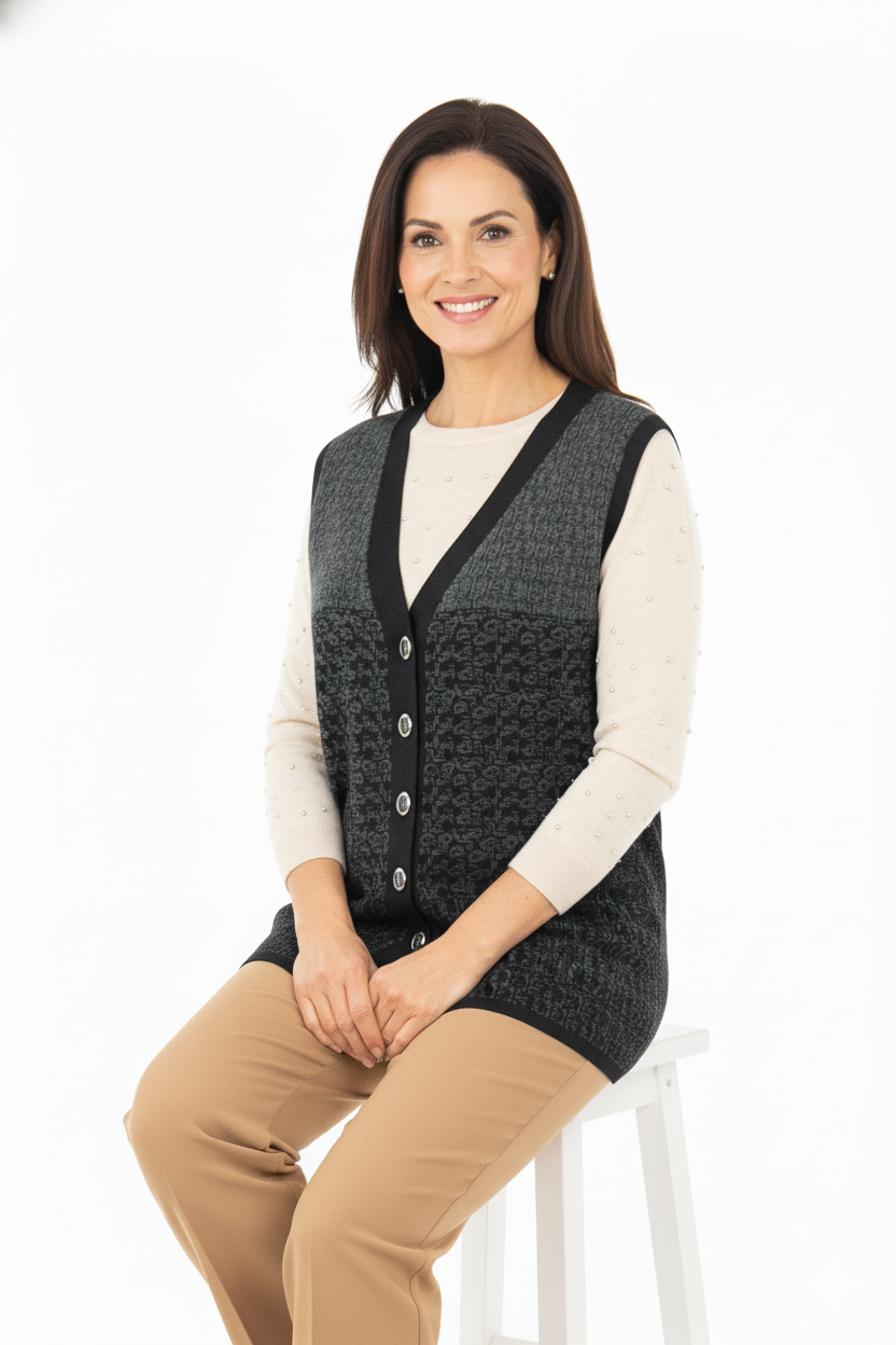 Kadın Füme Kışlık Motifli Düğmeli Çift Cepli Normal Kesim Likralı Yünlü Kumaş Anne Yelek