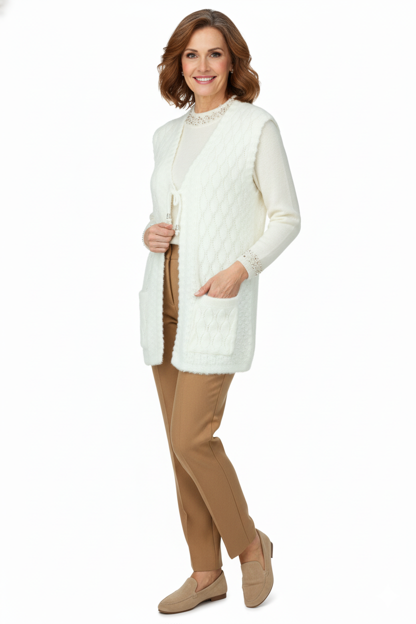 Kadın Kışlık Anne Yelek Yumuşacık Pamuklu Triko Örme Önden Bağlamalı Çift Cepli Rahat