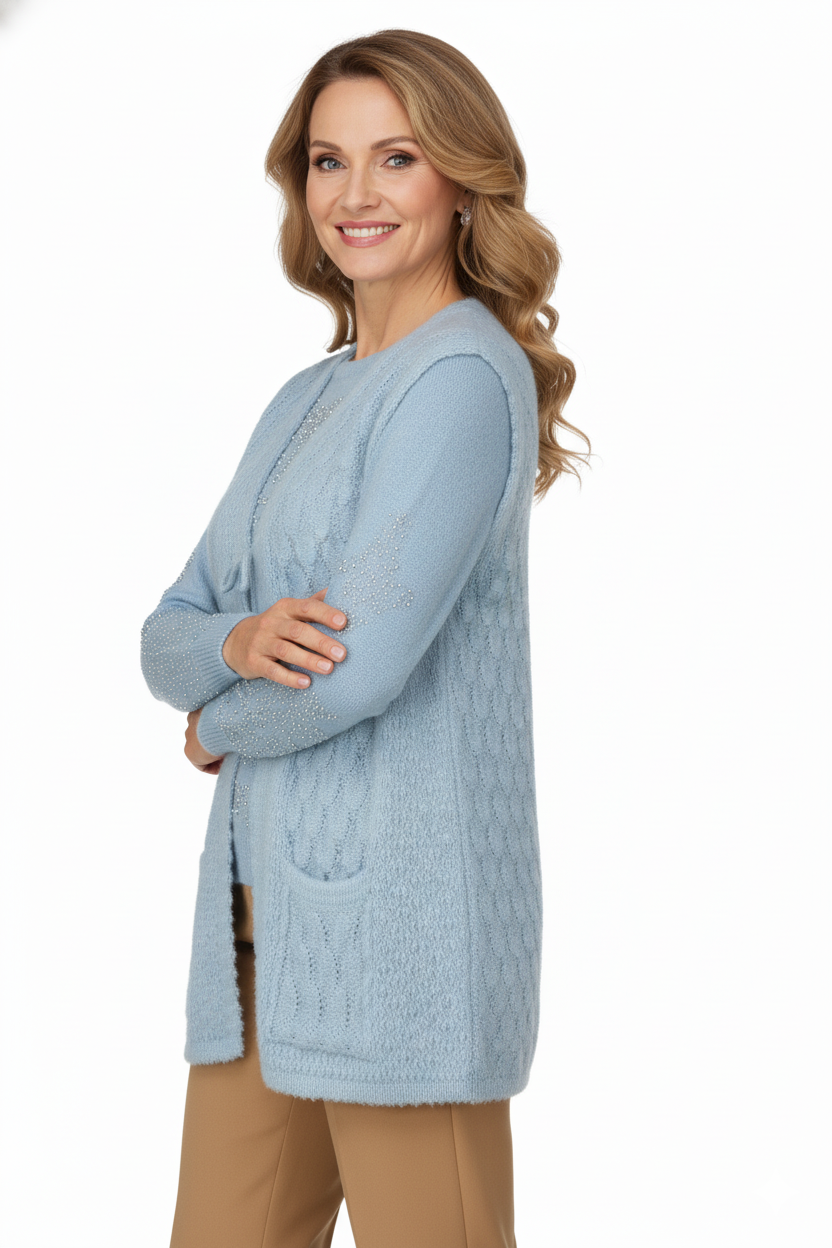 Kadın Kışlık Anne Yelek Yumuşacık Pamuklu Triko Örme Önden Bağlamalı Çift Cepli Rahat