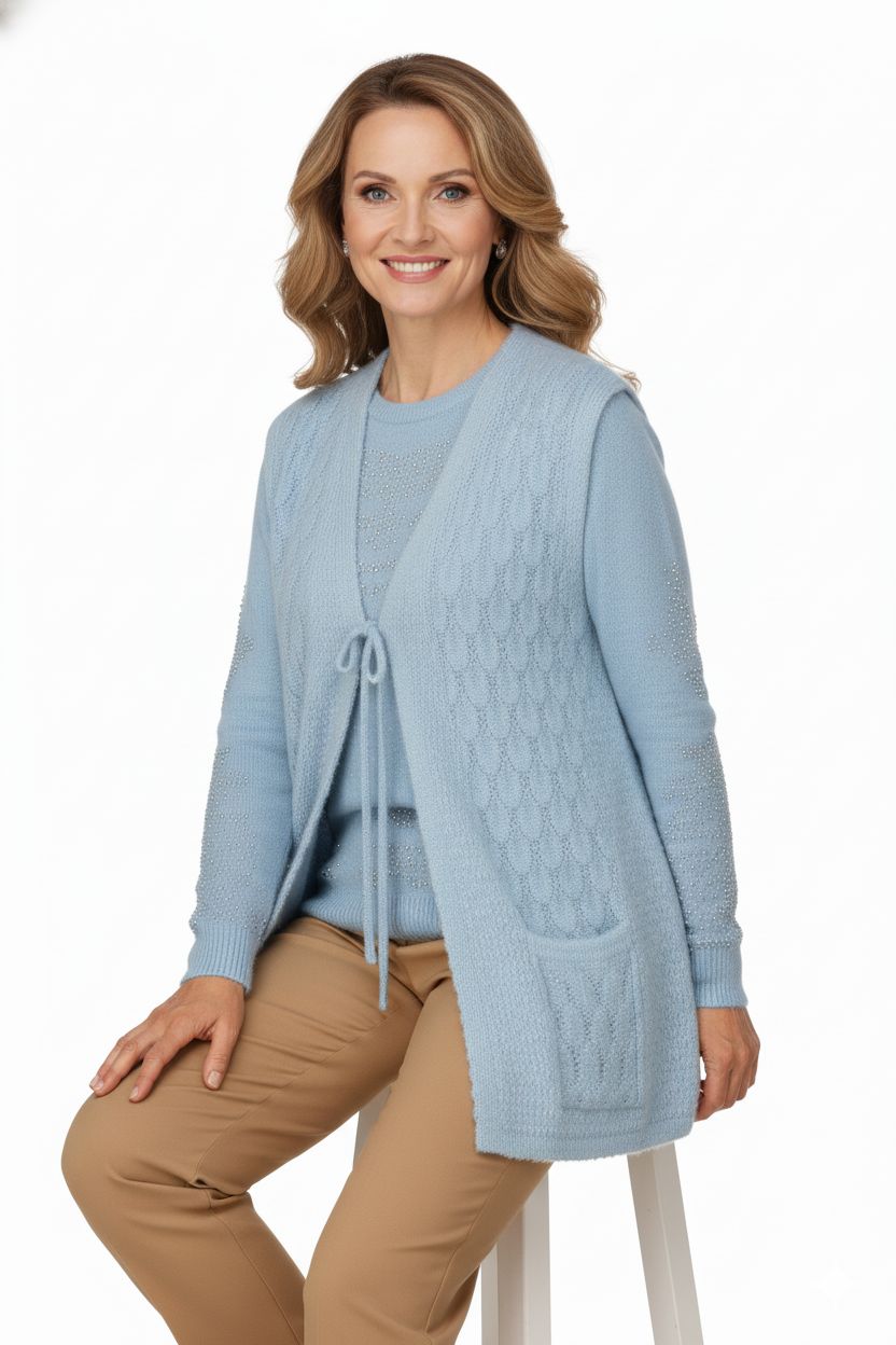 Kadın Kışlık Anne Yelek Yumuşacık Pamuklu Triko Örme Önden Bağlamalı Çift Cepli Rahat