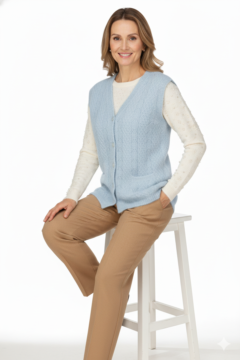 Kadın Kışlık Anne Yelek Simli Yumuşak Pamuklu Triko Örme Model Önden Düğmeli Cepli Rahat