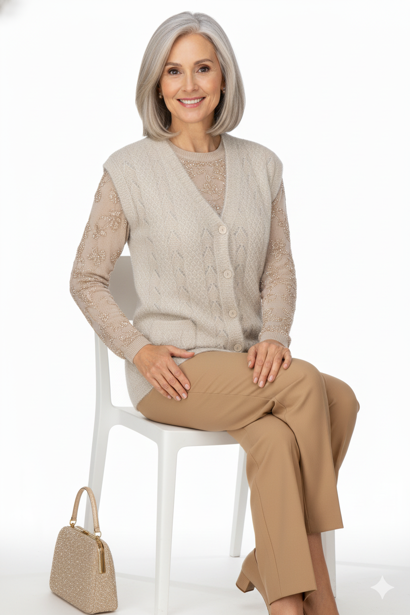 Kadın Kışlık Anne Yelek Simli Yumuşak Pamuklu Triko Örme Model Önden Düğmeli Cepli Rahat