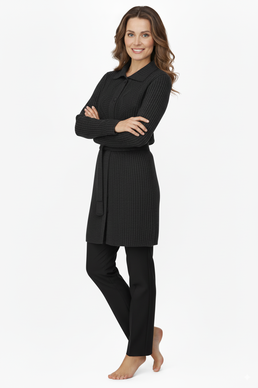 Kadın Kışlık Yünlü Örme Anne Hırka Bebe Yaka Hanedan Taşı Motifli Çift Cepli Düğmeli Likralı