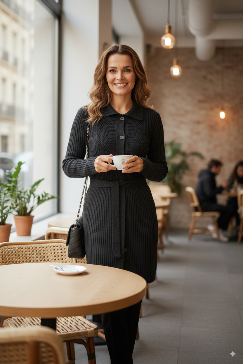 Kadın Kışlık Yünlü Örme Anne Hırka Bebe Yaka Hanedan Taşı Motifli Çift Cepli Düğmeli Likralı
