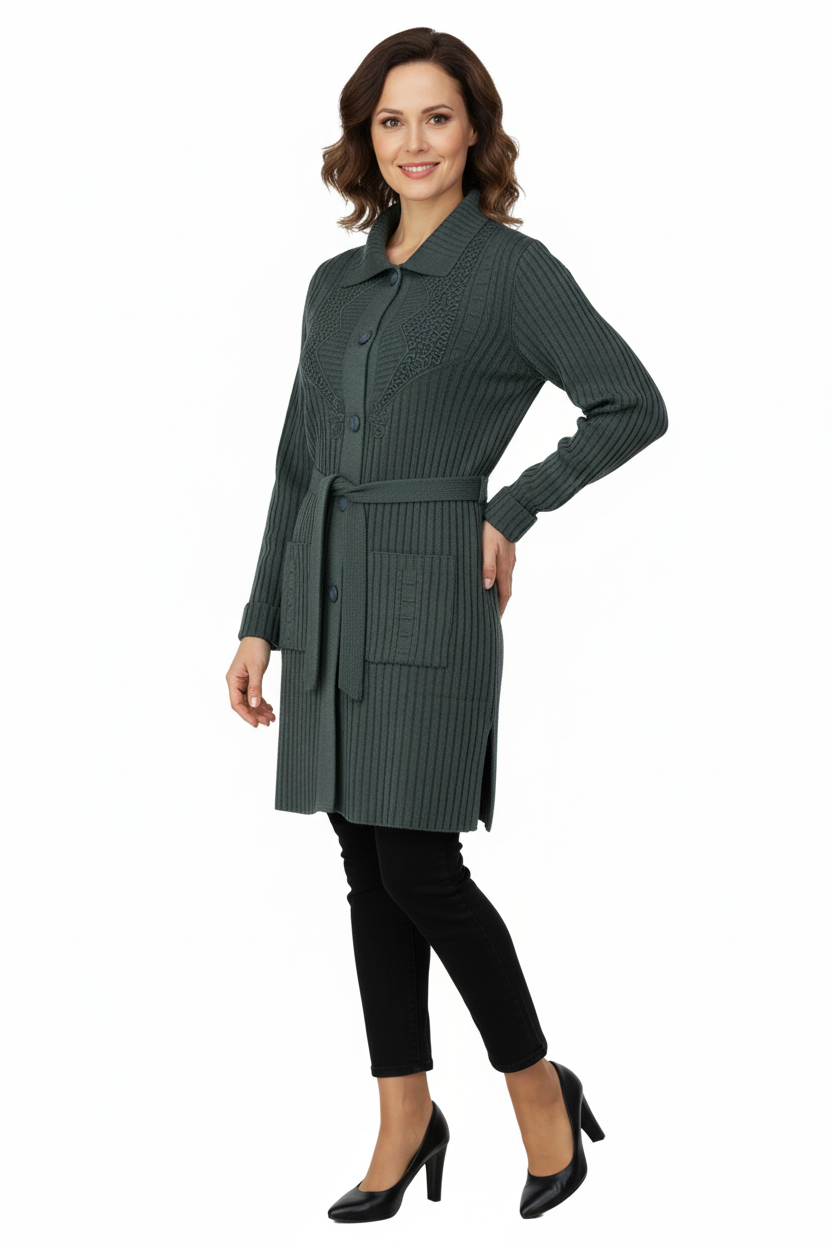 Kadın Kışlık Yünlü Örme Anne Hırka Bebe Yaka Hanedan Taşı Motifli Çift Cepli Düğmeli Likralı