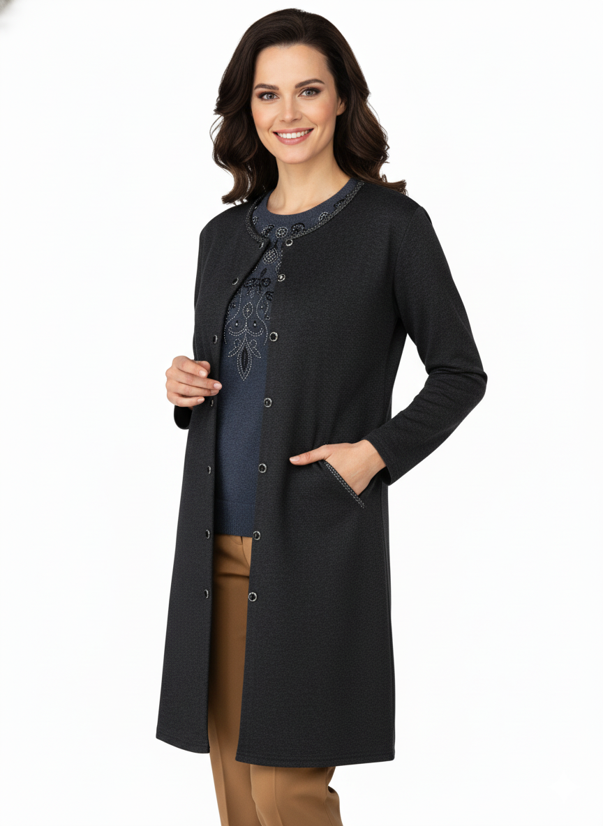 Kadın Kışlık Anne Uzun Hırka Ecrin Örme Önü Düğmeli Cepli Likralı Bisiklet Yaka Göl Model