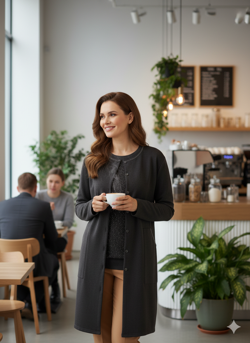 Kadın Kışlık Anne Uzun Hırka Ecrin Örme Önü Düğmeli Cepli Likralı Bisiklet Yaka Göl Model