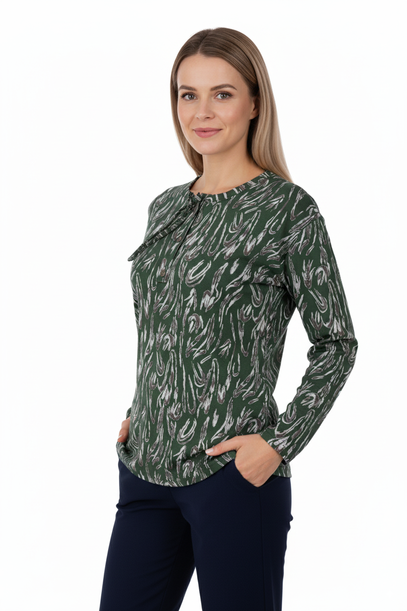 Kadın Bluz Viskon Penye Kumaş Bağcık Yakalı Simli Model Uzun Kollu Likralı Rahat Tam Kalıp